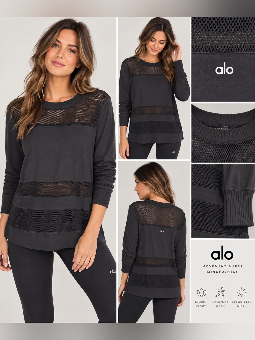 Alo Yoga Black Plank Long Sleeve Mesh Panel Pullover Top 22” P2P